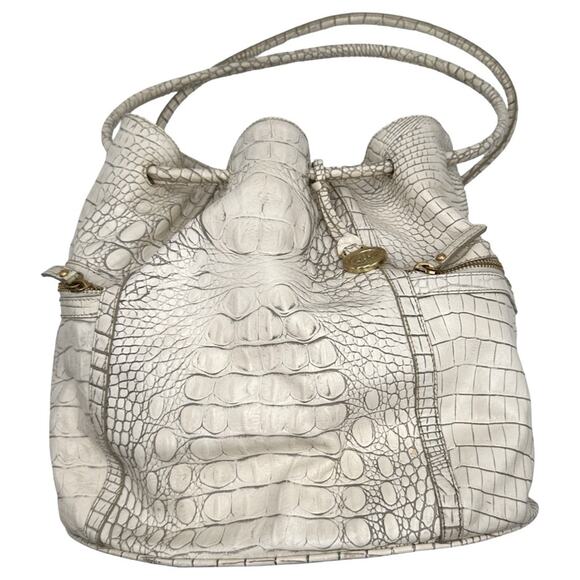 Brahmin Dee Dee Grotto Pearl OffWhite Drawstring Melbourne Croc Embossed Leather - Picture 1 of 16